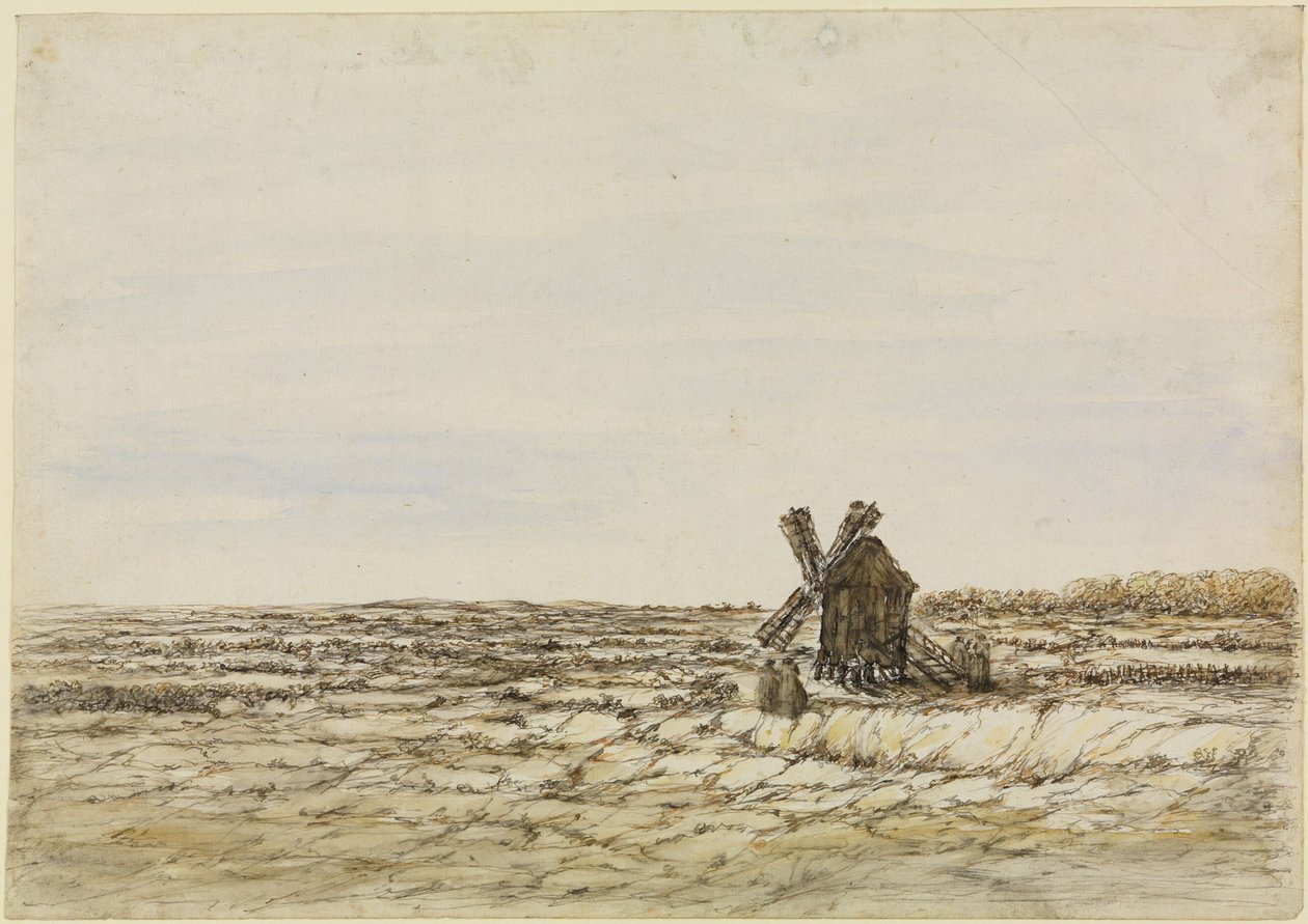 Molino de viento en un extenso campo en barbecho de Georges Michel