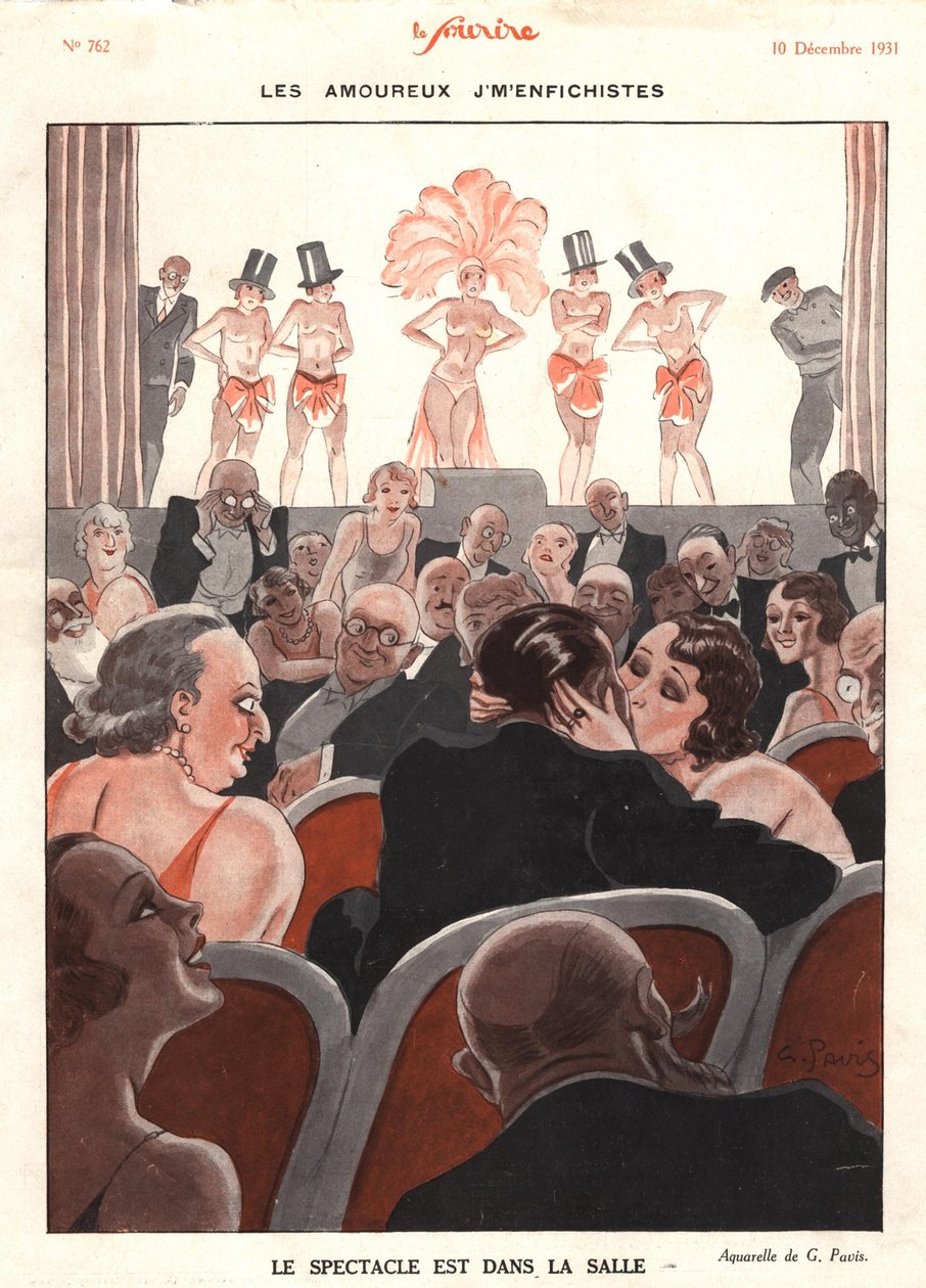 Le specatacle dans la salle, ilustración de "Le Sourire", diciembre de 1931 (litografía en color) de Georges Pavis