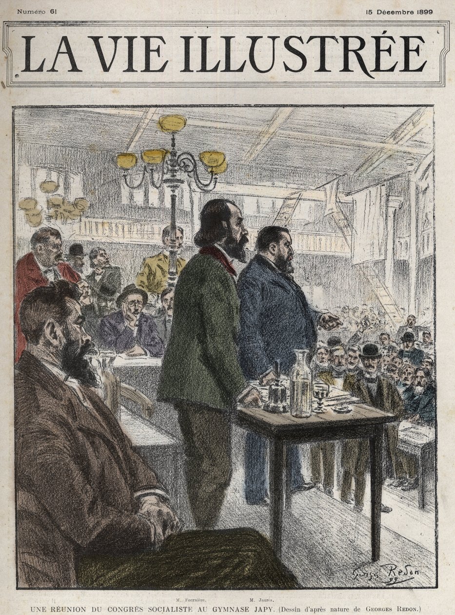 Congreso General de Organizaciones Socialistas, celebrado en París en diciembre de 1899, en el Gimnasio Japy - Jean Jaurès (1859-1914) y Eugène Fournier (1857-1914) dibujo de Georges Redon - la vie illustree de 1899 de Georges Redon