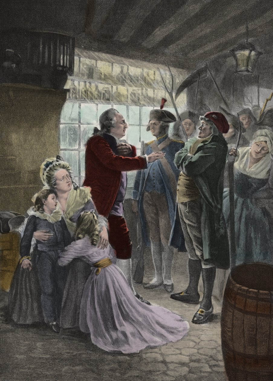 Revolución Francesa: 21 de junio de 1791 La familia real (Luis XVI Rey de Francia, la Reina María Antonieta y sus dos hijos Madame Elisabeth la hermana del rey y la institutriz de los niños) atrapados en la posada de Varennes (Varennes-en-Argonne) durante  de Georges Roussin