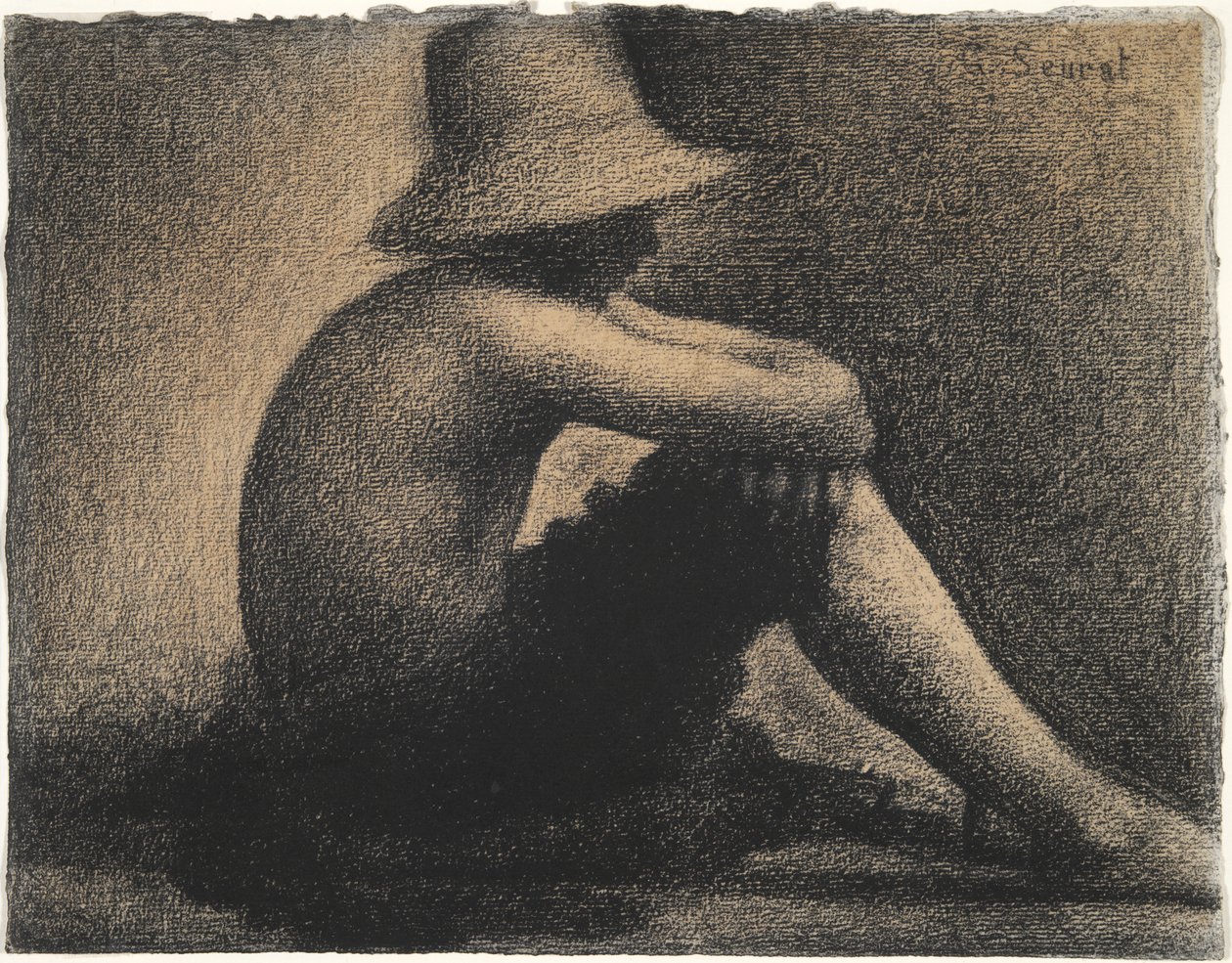 Niño sentado con sombrero de paja, estudio para bañistas en Asnieres de Georges Seurat