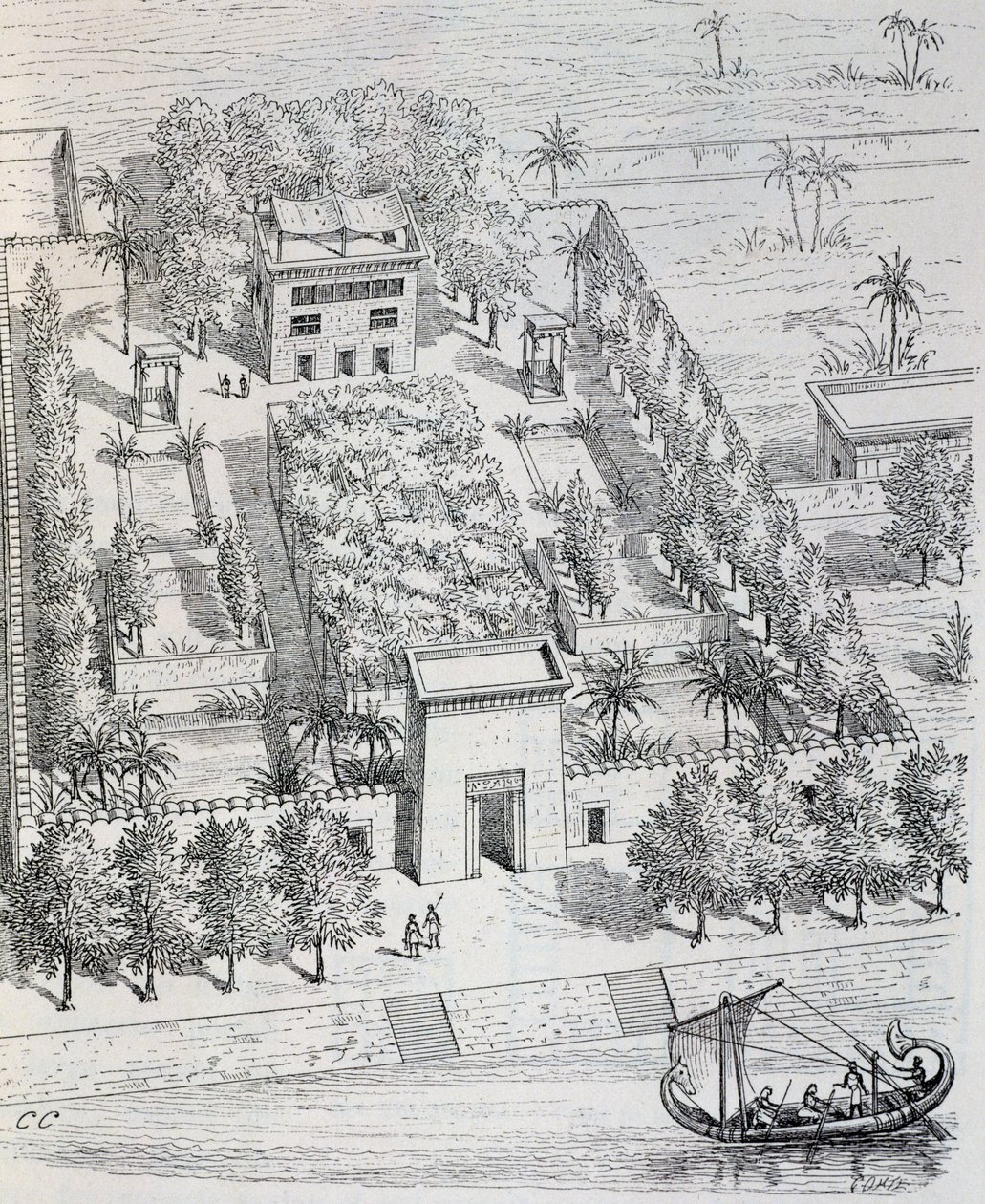 Vista de villa egipcia a lo largo del Nilo, reconstrucción por Chipiez, de Historia del arte en la antigüedad (Egipto, Asiria, Persia, Asia Menor, Grecia, Etruria, Roma) de Georges and Chipiez Charles Perrot