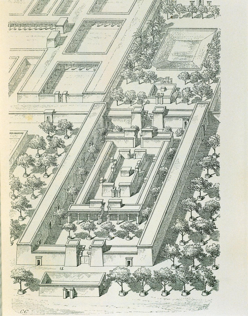 Grabado que representa una vista en perspectiva de un edificio en Tell el-Amarna por Georges Perrot y Charles Chipiez de Georges and Chipiez Charles Perrot