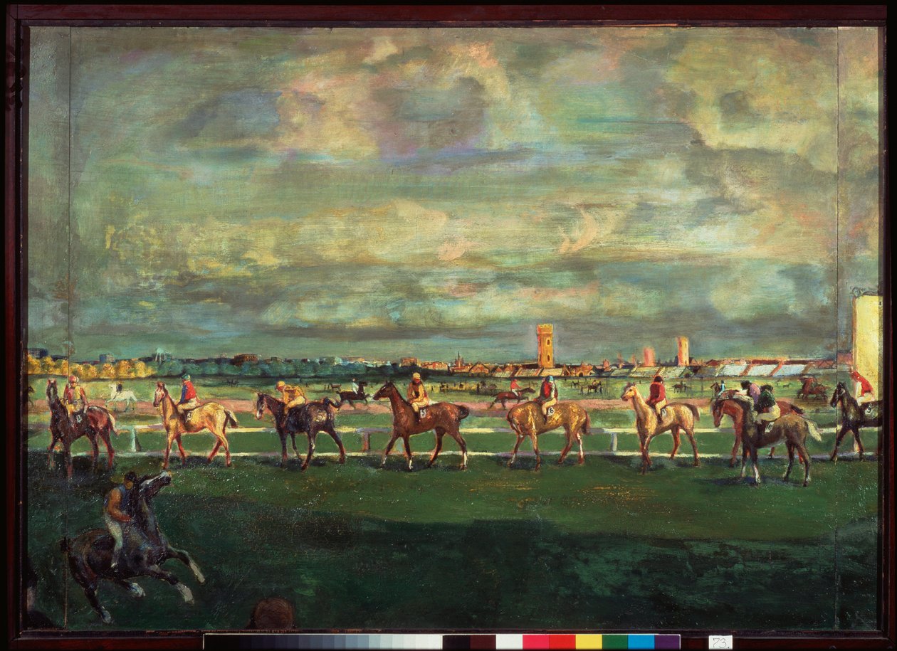 Carreras de caballos (Horseracing) - Pintura de Georgi Bogdanovich Yakulov (1884-1928), óleo sobre madera de Georgy Bogdanovich Yakulov