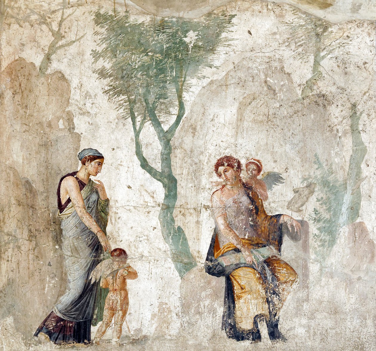 Eros llevado por Peitho a Afrodita mientras Anteros se ríe de su castigo por haber elegido un objetivo equivocado, fresco pompeyano, hacia 25 a.C. (28298194699) de Georgia Levan Ramishvili from Tbilisi