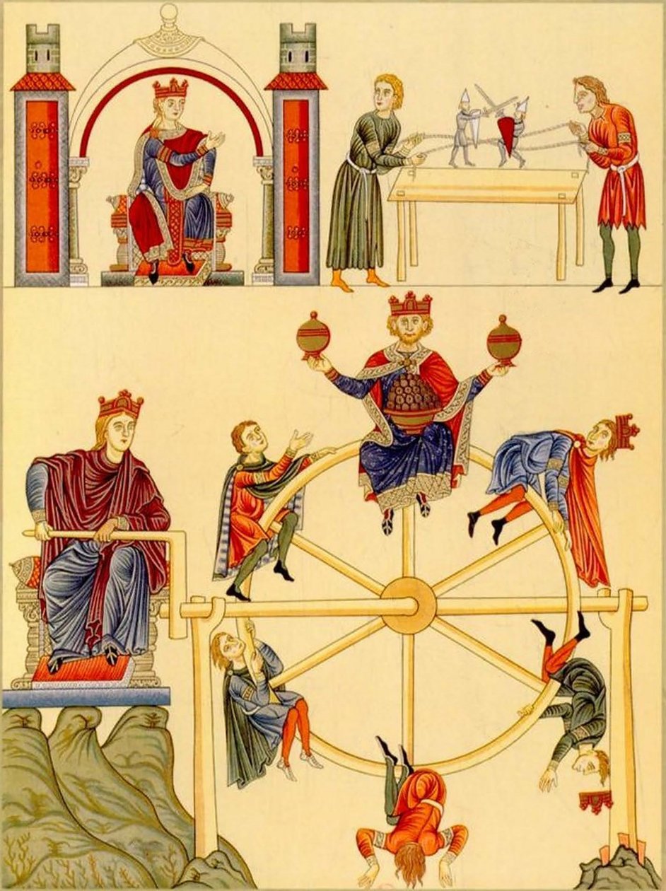 Caballero titiritero y rueda de la fortuna del Hortus Deliciarum de Herrad de Landsberg, 1167-85 (27665671887) de Georgia Levan Ramishvili from Tbilisi