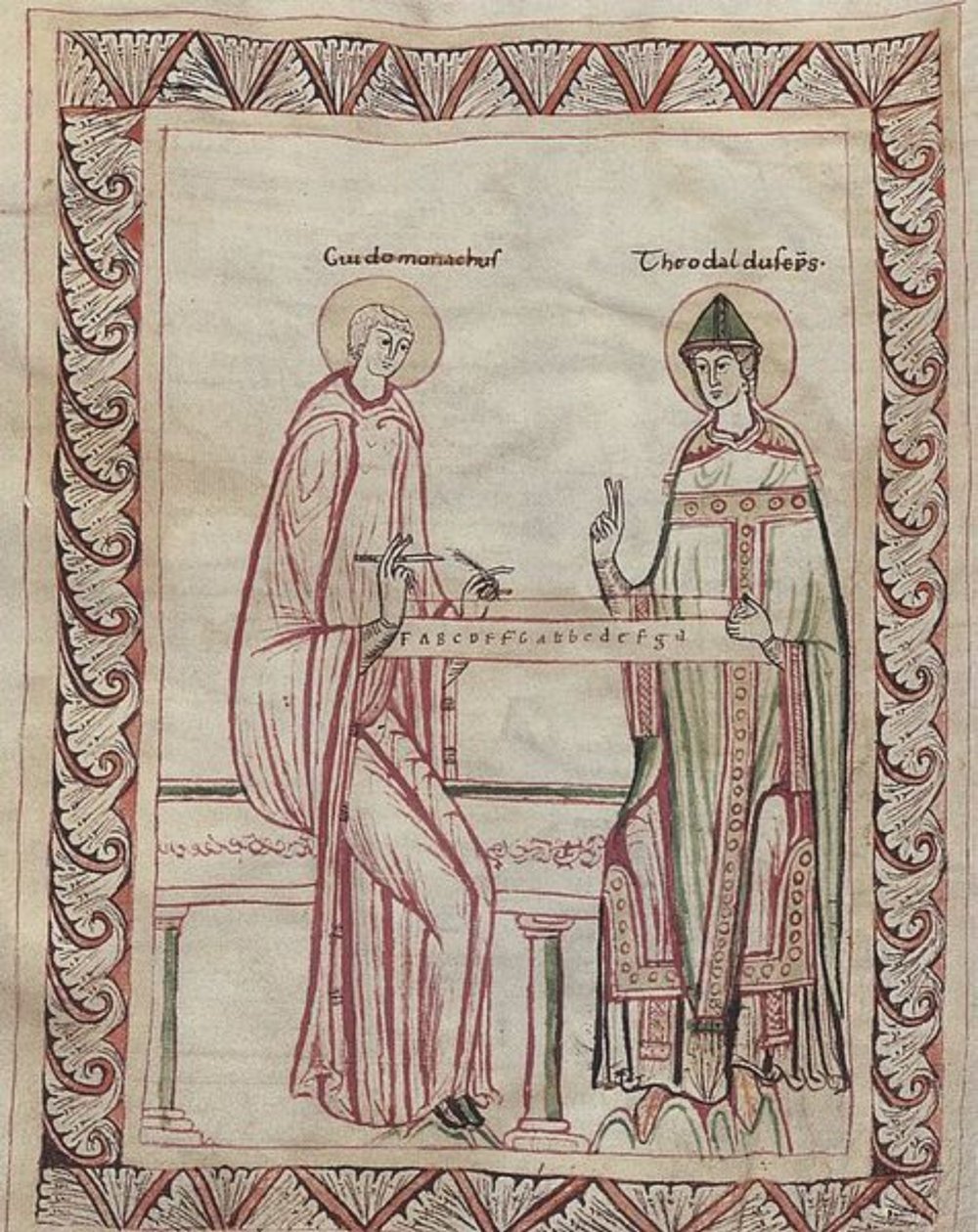Guido de Arezzo y el obispo Tedaldo trabajando en el monocordio, miniatura del siglo XI (21954743795) de Georgia Levan Ramishvili from Tbilisi