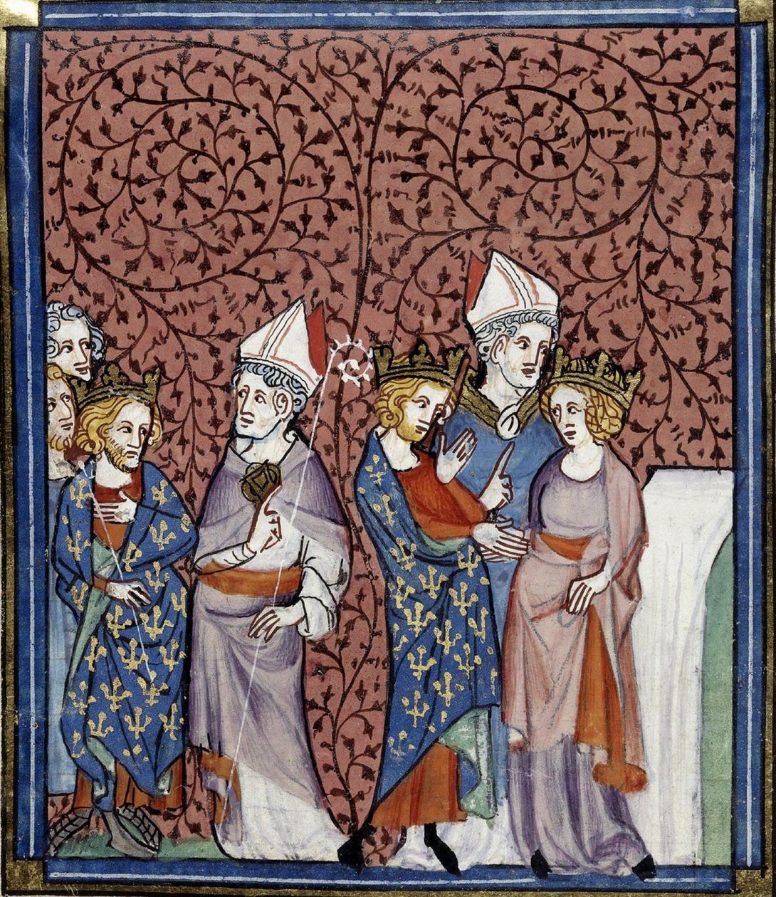 Enrique I enviando a un obispo, y su matrimonio con Ana, Grandes chroniques de France, Royal 16 G.VI, f.269v, c. 1332-1350 (22727649151) de Georgia Levan Ramishvili from Tbilisi
