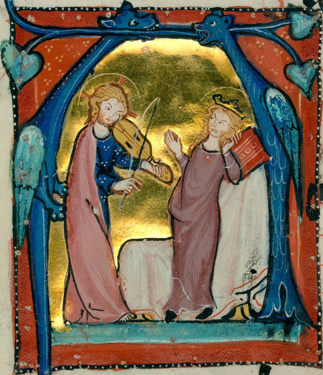 Jesús tocando música - Antifonario cisterciense (Delights Antiphonar), breisgau c. 1300 (Karlsruhe, Biblioteca Estatal de Baden, COD. St. Georgen 5, fol. 16 v) (46824974821) de Georgia Levan Ramishvili from Tbilisi