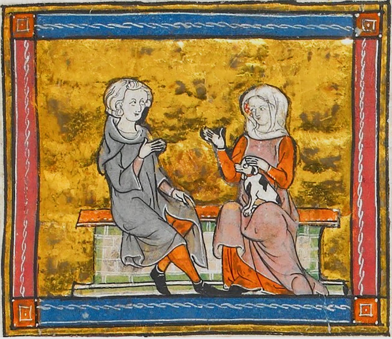 Lancelot conversando con una dama que sostiene un pequeño perro blanco y negro, de Morte Artu, c. 1315-1325 (41067329535) de Georgia Levan Ramishvili from Tbilisi