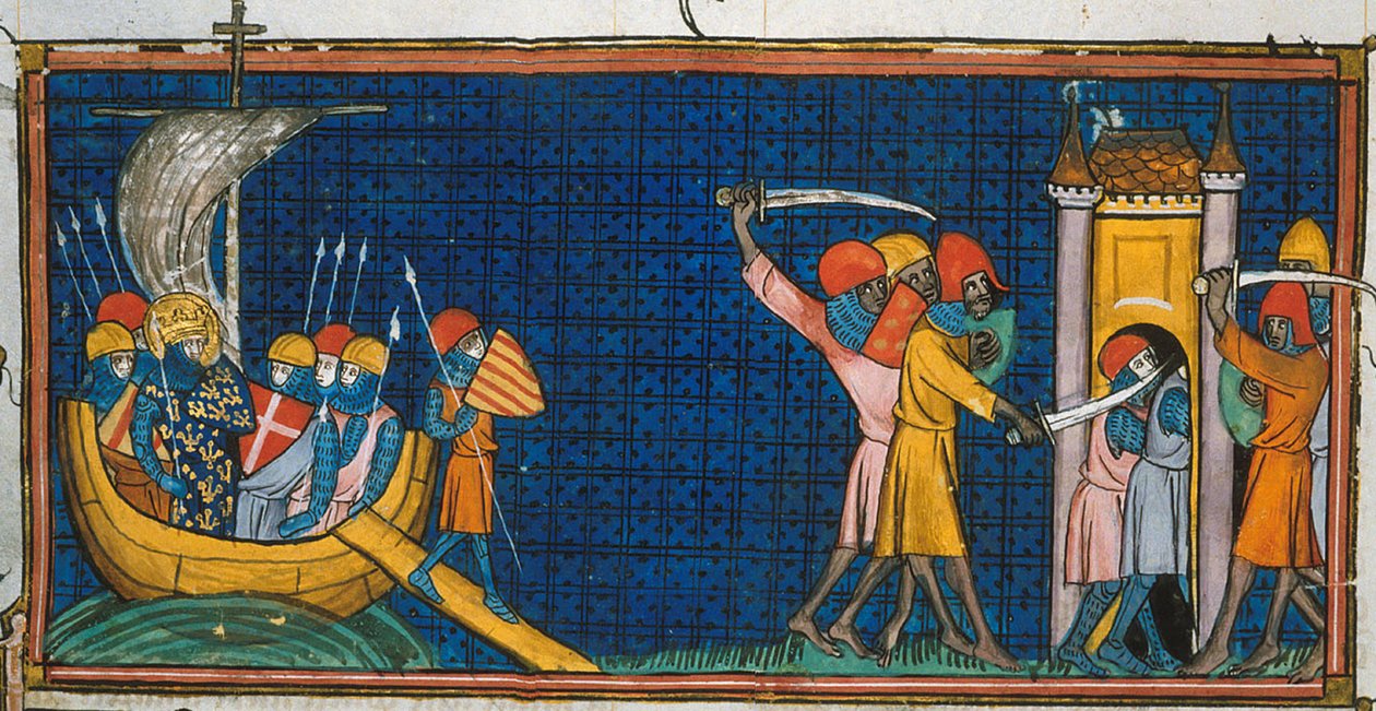 Luis IX desembarcando en Túnez, y franceses aislados por sarracenos en la torre, de Chroniques de France ou de St Denis, siglo XIV (22528512660) de Georgia Levan Ramishvili from Tbilisi