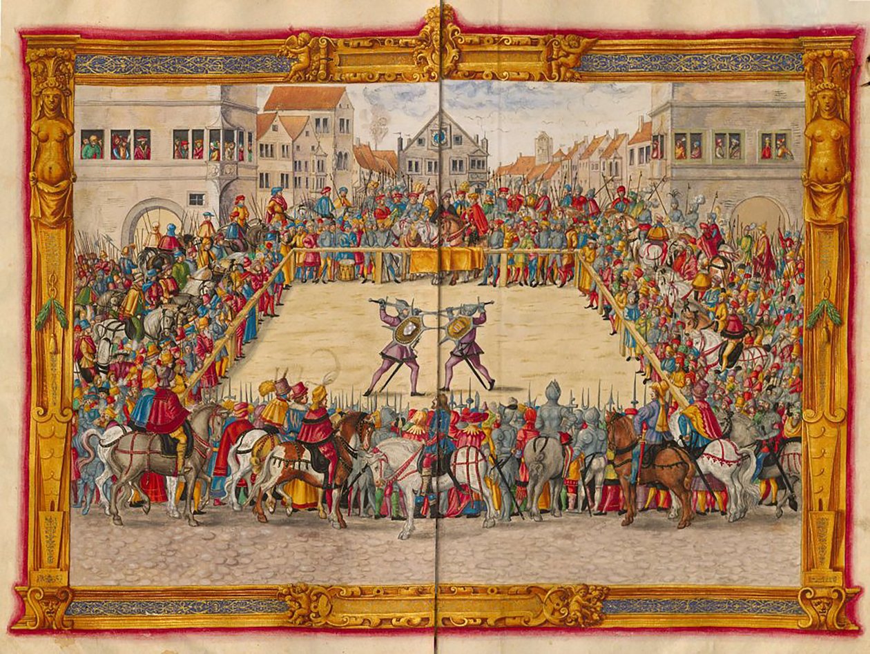 El mariscal Wilhelm von Dornsberg y Theodor Haschenacker se baten en duelo en el mercado de vinos de Augsburgo, de Fechtbucher de Jörg Breu el Joven, c. 1544 (48108343966) de Georgia Levan Ramishvili from Tbilisi