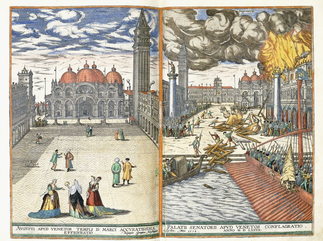 La Piazza San Marco y El incendio del Palazzo Senatorii, c.1577-8 de Georgius Housnaglius
