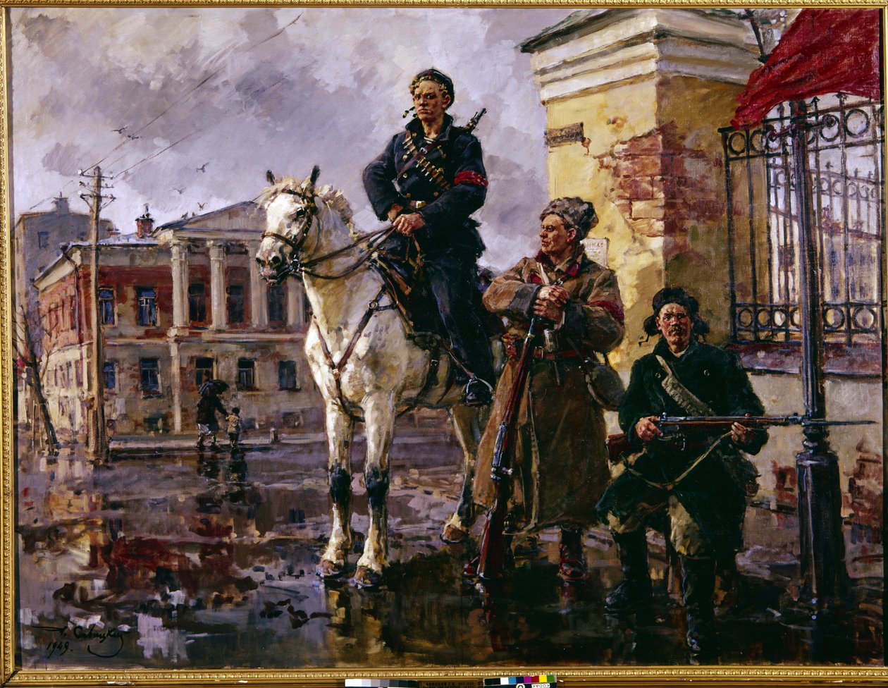 Revolución rusa de octubre de 1917: "Los primeros días de octubre". La toma del Palacio de Invierno en San Petersburgo el 25 de octubre de 1917, un asalto dirigido por los Guardias Rojos y los bolcheviques. Pintura de George (Georgy, Georgi) de Georgiy Konstantinovich Savitsky