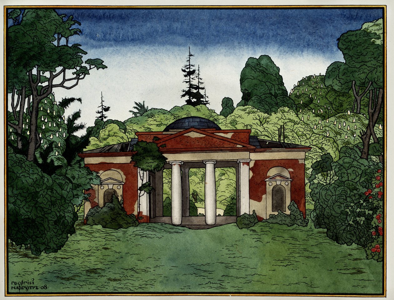 Un pabellón en la zona de Tsaritsino (Moscú, Rusia) (Pavillon in Tsaritsino Park). Obra de Georgi Ivanovich Narbut (1886-1920), tinta y acuarela sobre papel de Georgy Narbut
