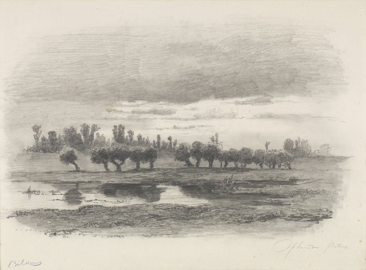 Vista sobre las tierras bajas cerca de Opheusden en Betuwe, dibujo de Gerard Bilders