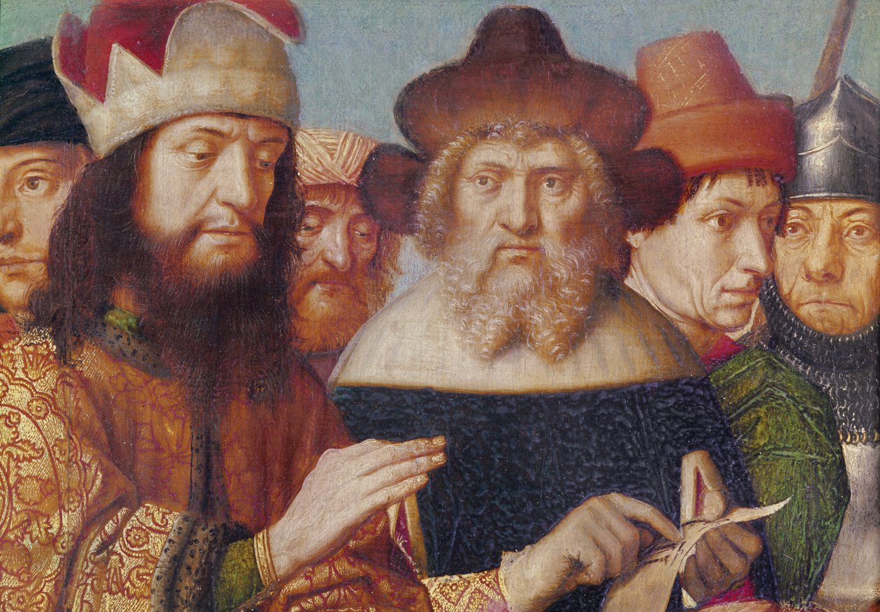 Tríptico de la Crucifixión, panel izquierdo: jueces judíos, soldados romanos (detalle) de Gerard David