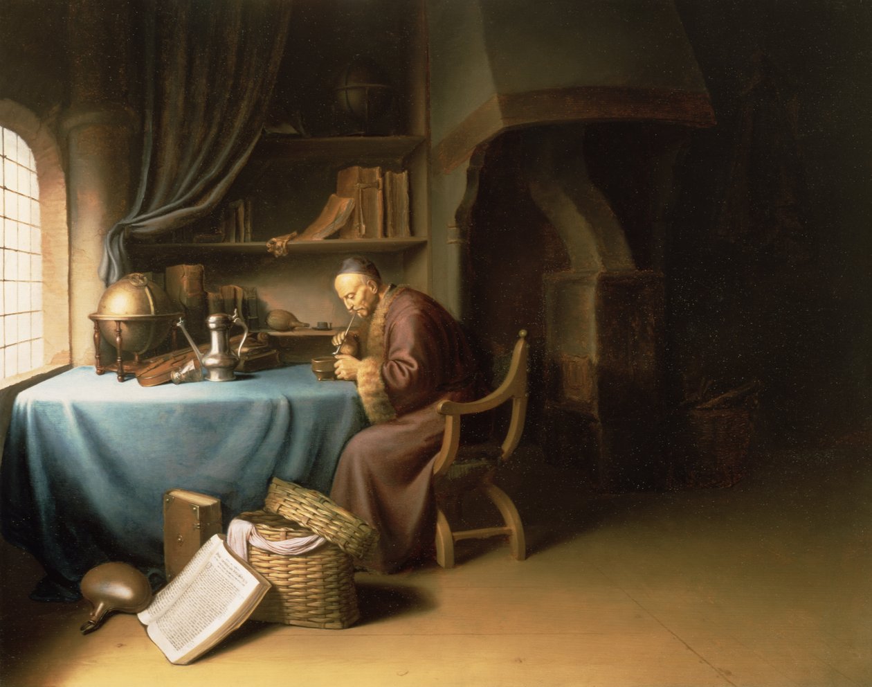 Un Anciano Encendiendo su Pipa en un Estudio de Gerrit Dou