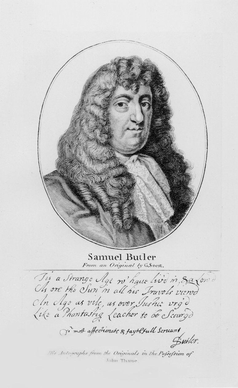 Retrato de Samuel Butler (1612-80) con una muestra de su escritura de Gerard Soest