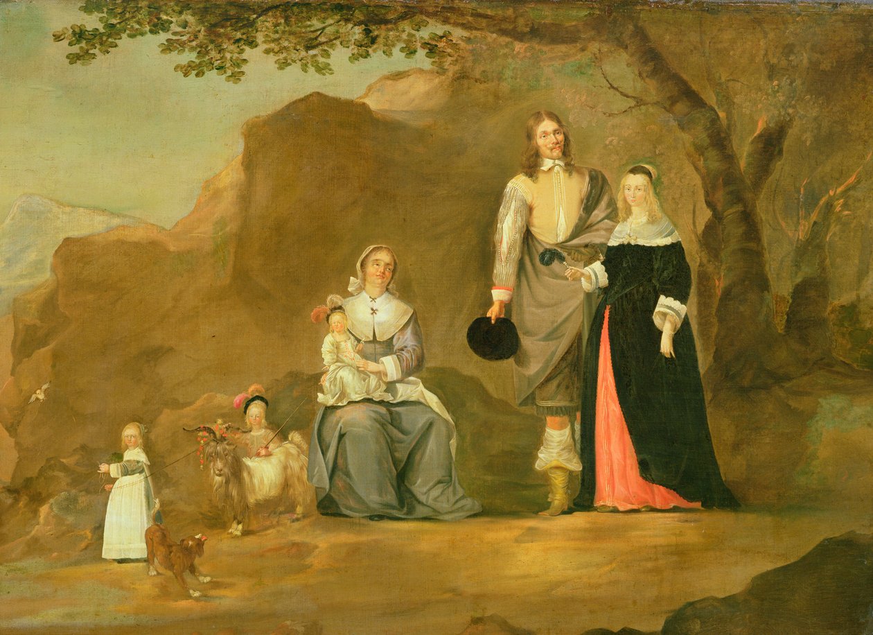Grupo Familiar con un Perro y una Cabra en un Paisaje Montañoso de Gerard ter Borch