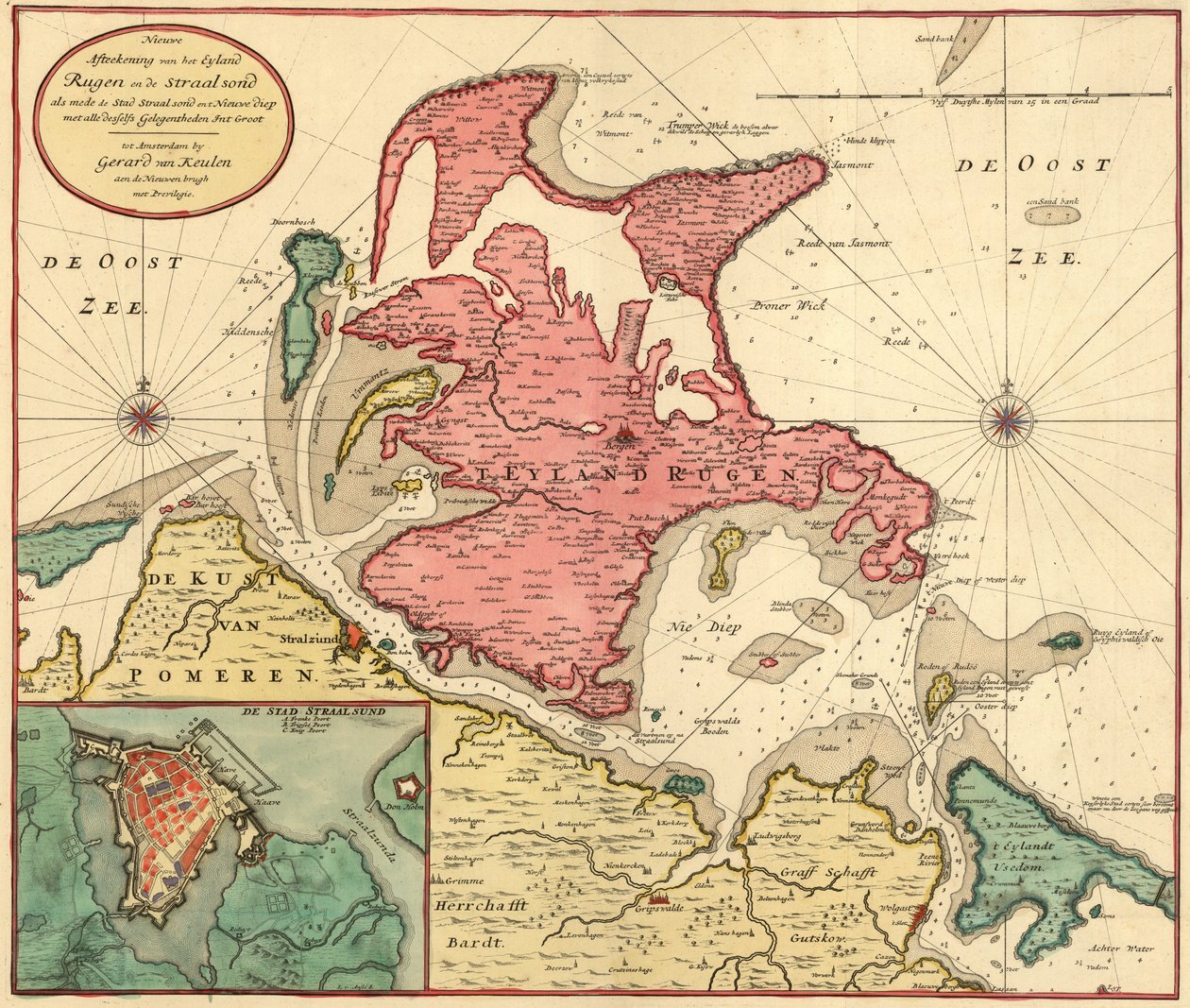 Nueva representación de la isla de Rügen y el estrecho de Stralsund, así como la ciudad de Stralsund y el nuevo puerto con todas sus ubicaciones con privilegio de Gerard van Keulen