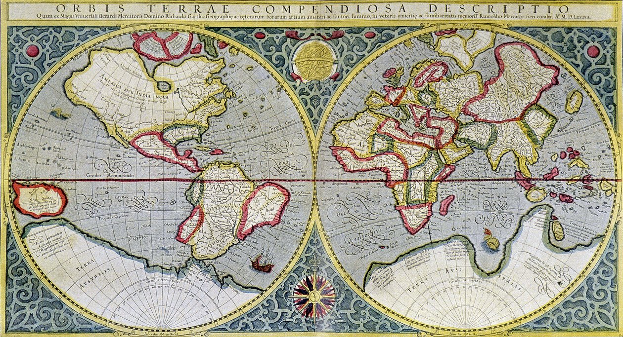 Mapa del mundo de Mercator (1587) - en "El universo y la humanidad" de H. Kraemer de Gerard (after) Mercator