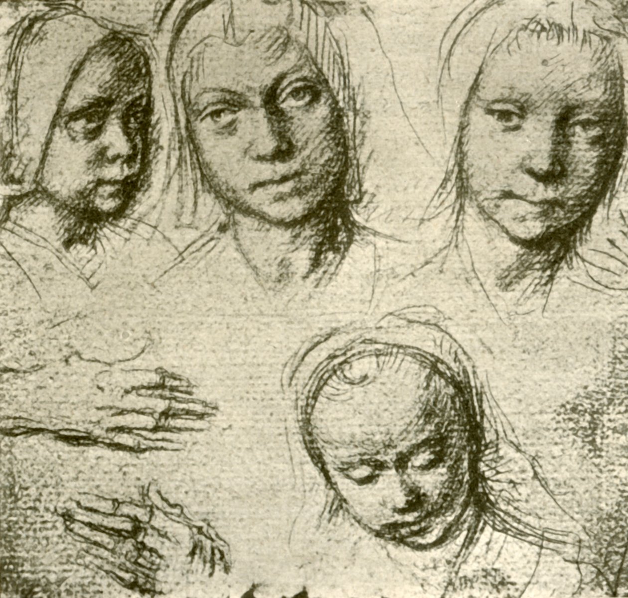 Cuatro cabezas de una joven y dos manos, c1500-1505, 1908 de Gerard David