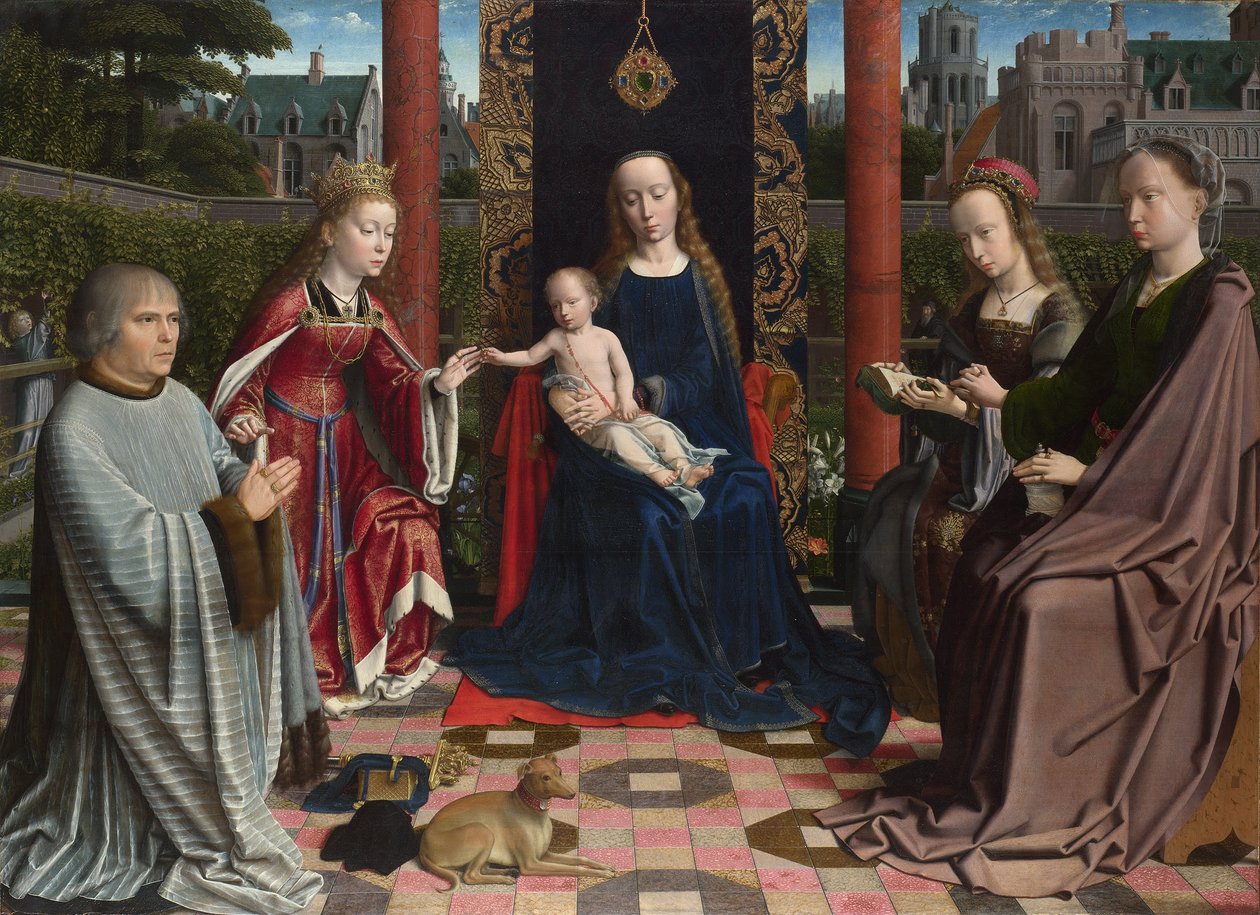En francés:  Le mariage mystique de Sainte Catherine, par Gérard David La Virgen y el Niño con santos y donante de Gerard David