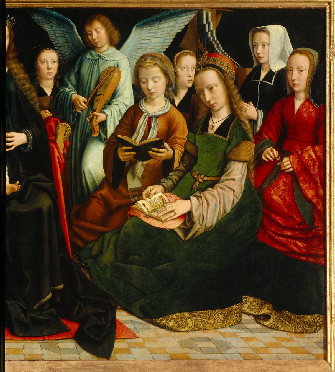 La Virgen entre los santos. Detalle de las santas: Santa Apolonia, Santa Godelina, Santa Cecilia, Santa Bárbara, Santa Lucía de Gerard David