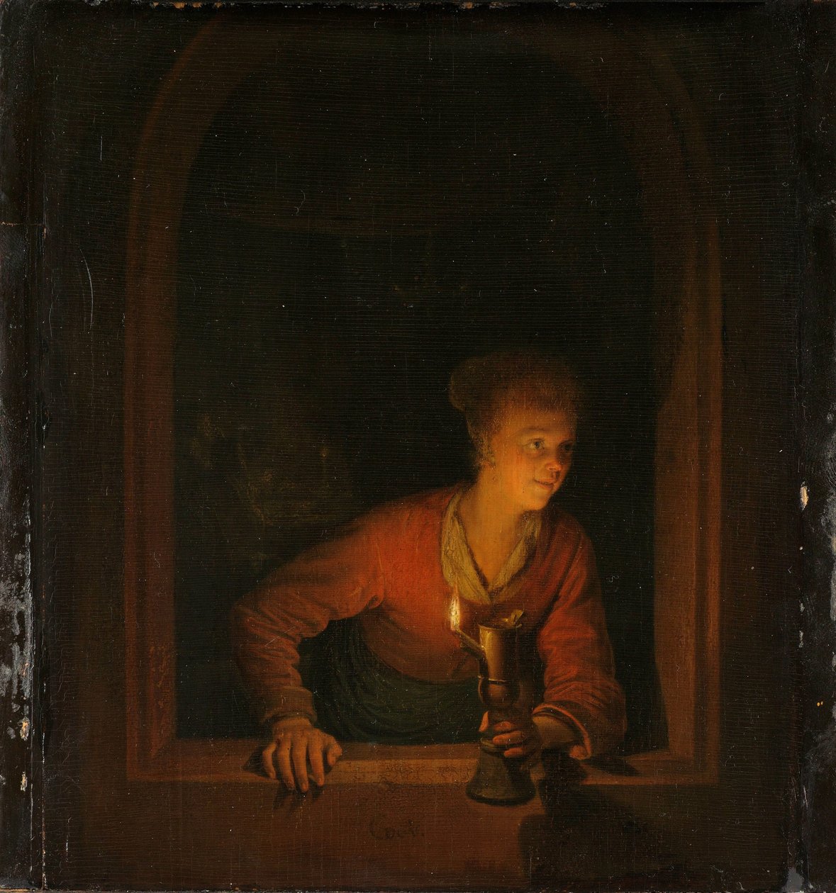Chica con lámpara de aceite en una ventana de Gerrit Dou
