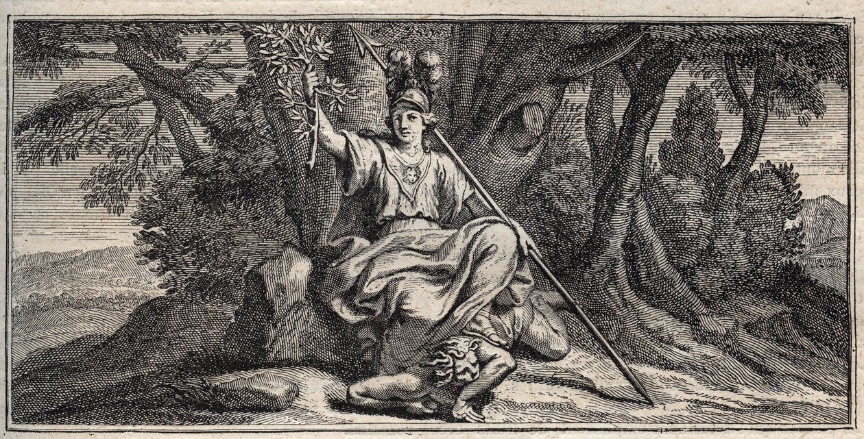 Minerva derrotando a la discordia - grabado por Gerard Edelinck después de Daniel Halle (1614-1675) de Gérard Edelinck