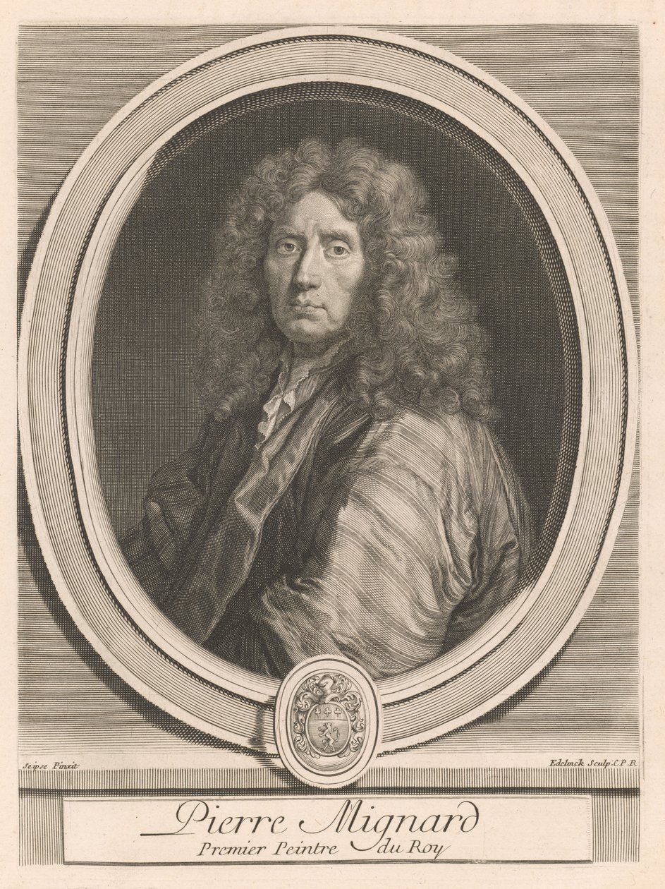 Pierre Mignard, del libro *Les hommes illustres qui ont paru en France pendant ce siècle*, vol. II, de Charles Perrault (*Hombres ilustres que aparecieron en Francia durante este siglo*, vol. II) de Gérard Edelinck