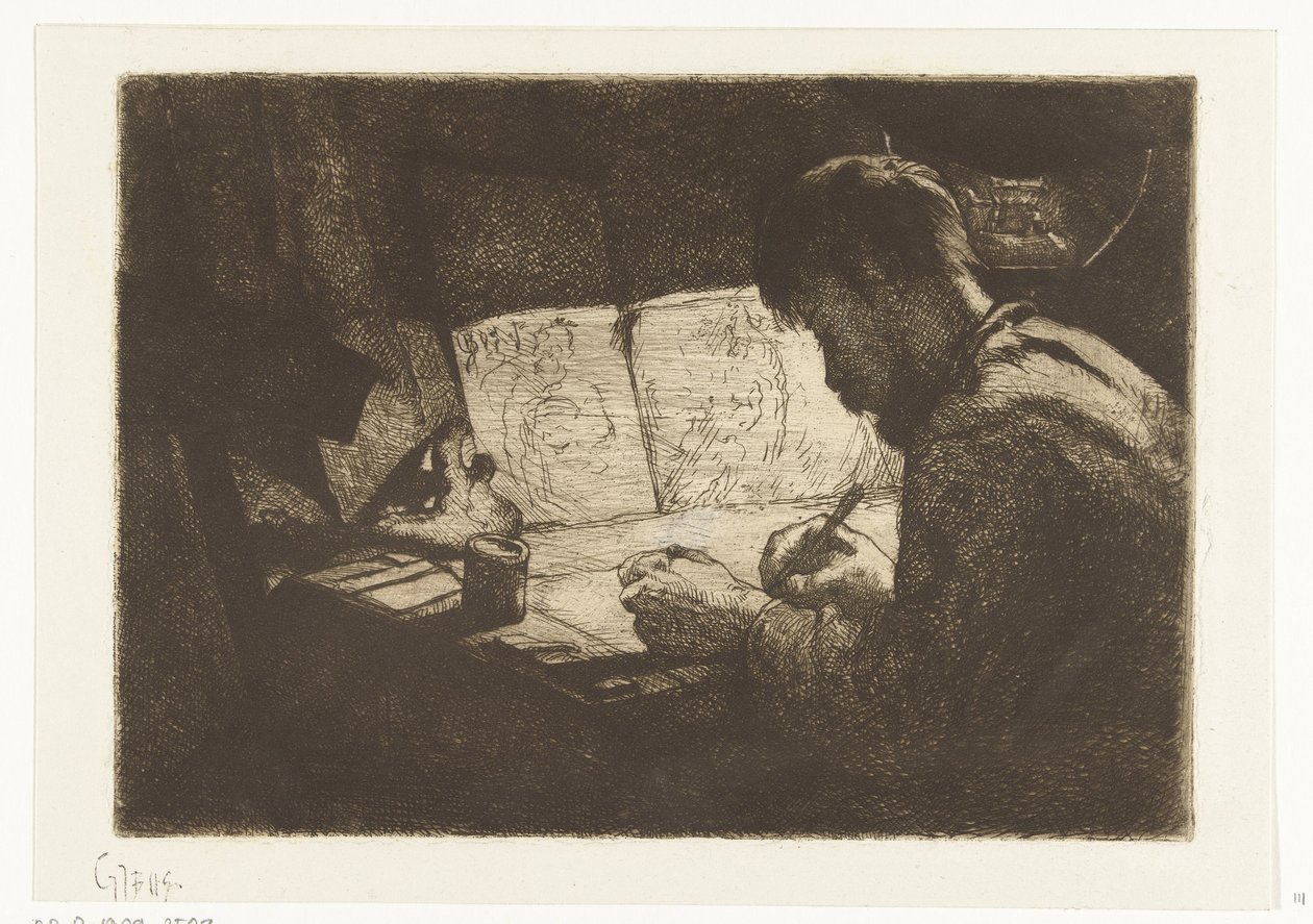 Autorretrato detrás de la mesa de dibujo de Gerard Jan Bos (signed by artist)