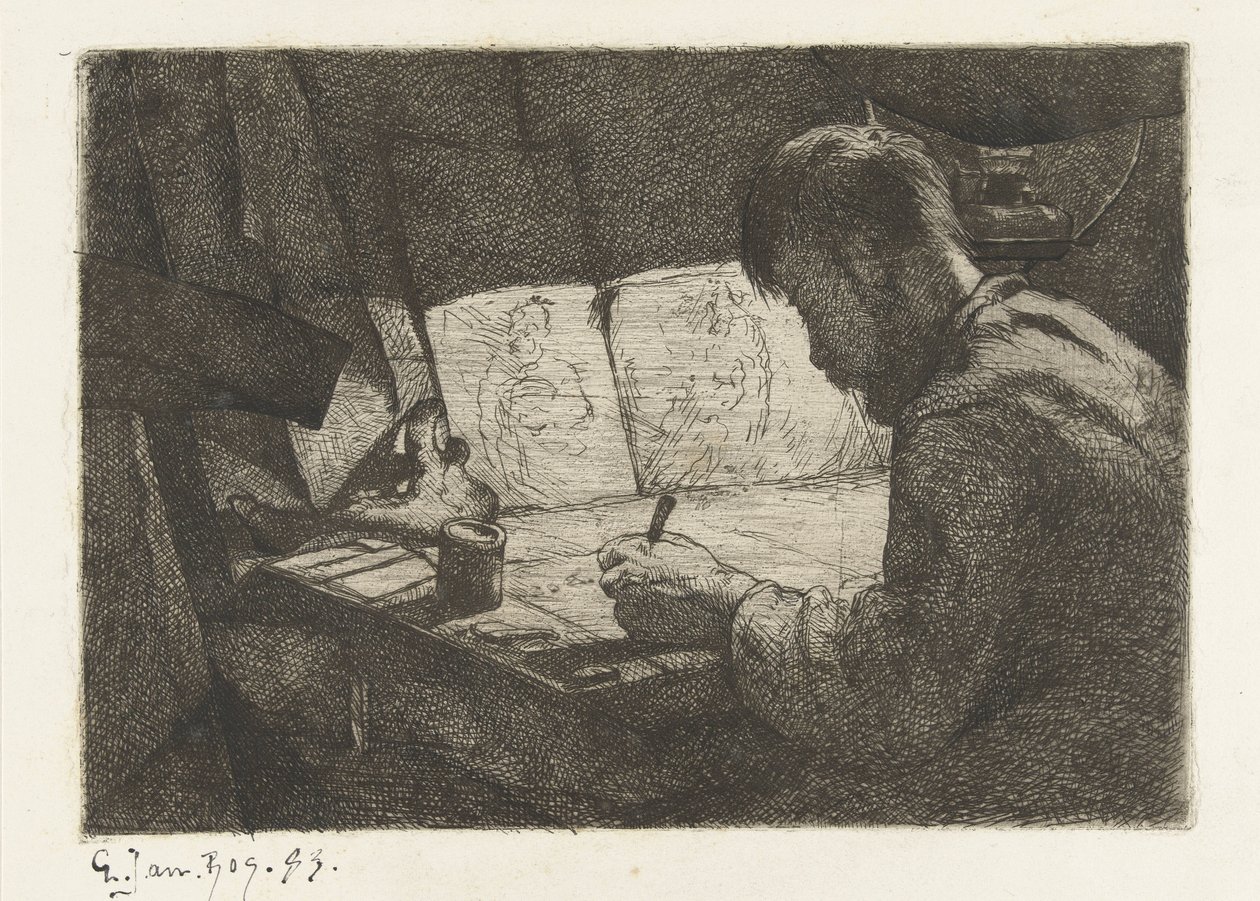 Autorretrato detrás de la mesa de dibujo de Gerard Jan Bos (signed by artist)