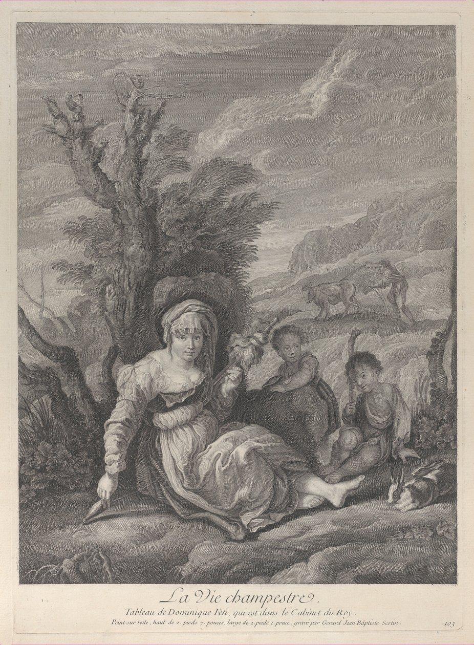 Una campesina sentada en el paisaje con dos niños a su lado, 1729-40 de Gerard Jean Baptiste Scotin
