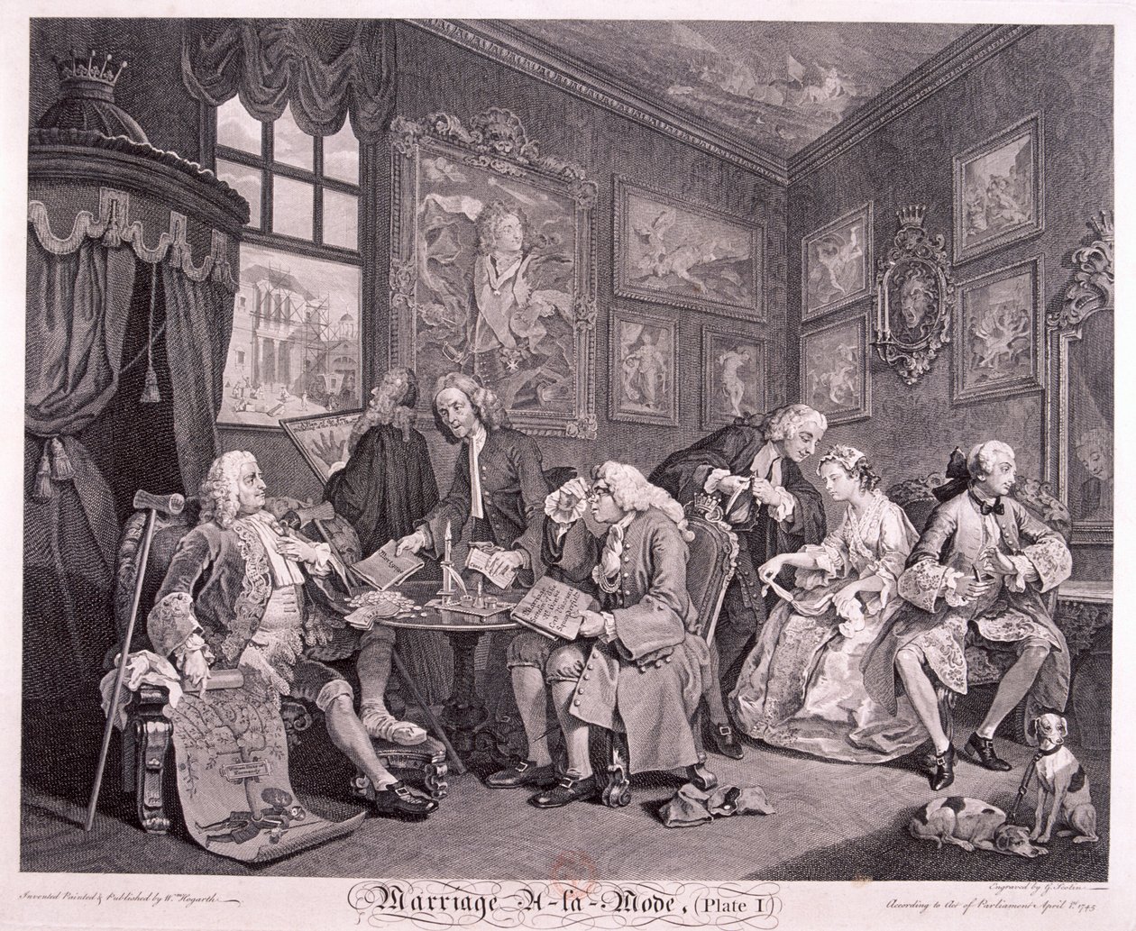 Matrimonio a la moda, 1745, placa I de Gerard Jean Baptiste Scotin
