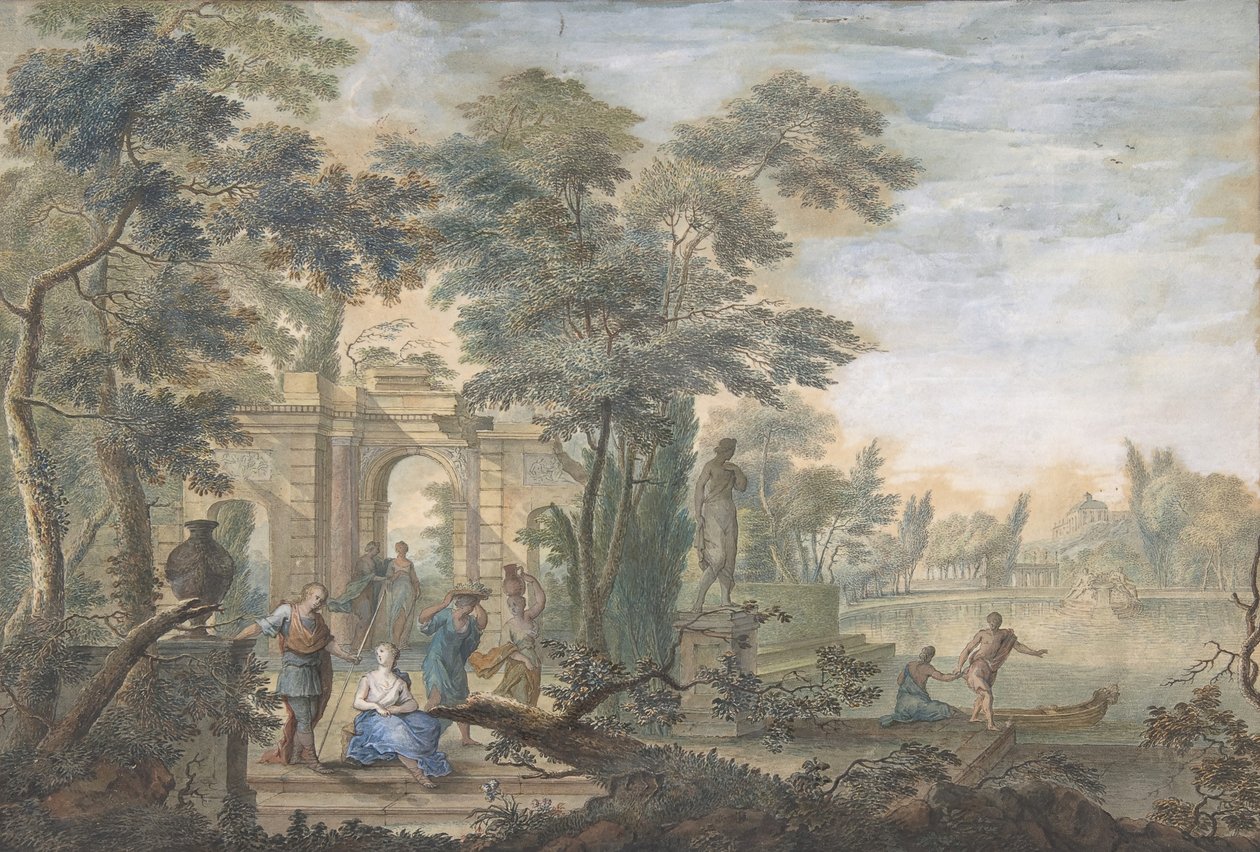 Paisaje Arcadio con varias Figuras y una Estatua de Diana, siglo XVIII de Gerard Melder
