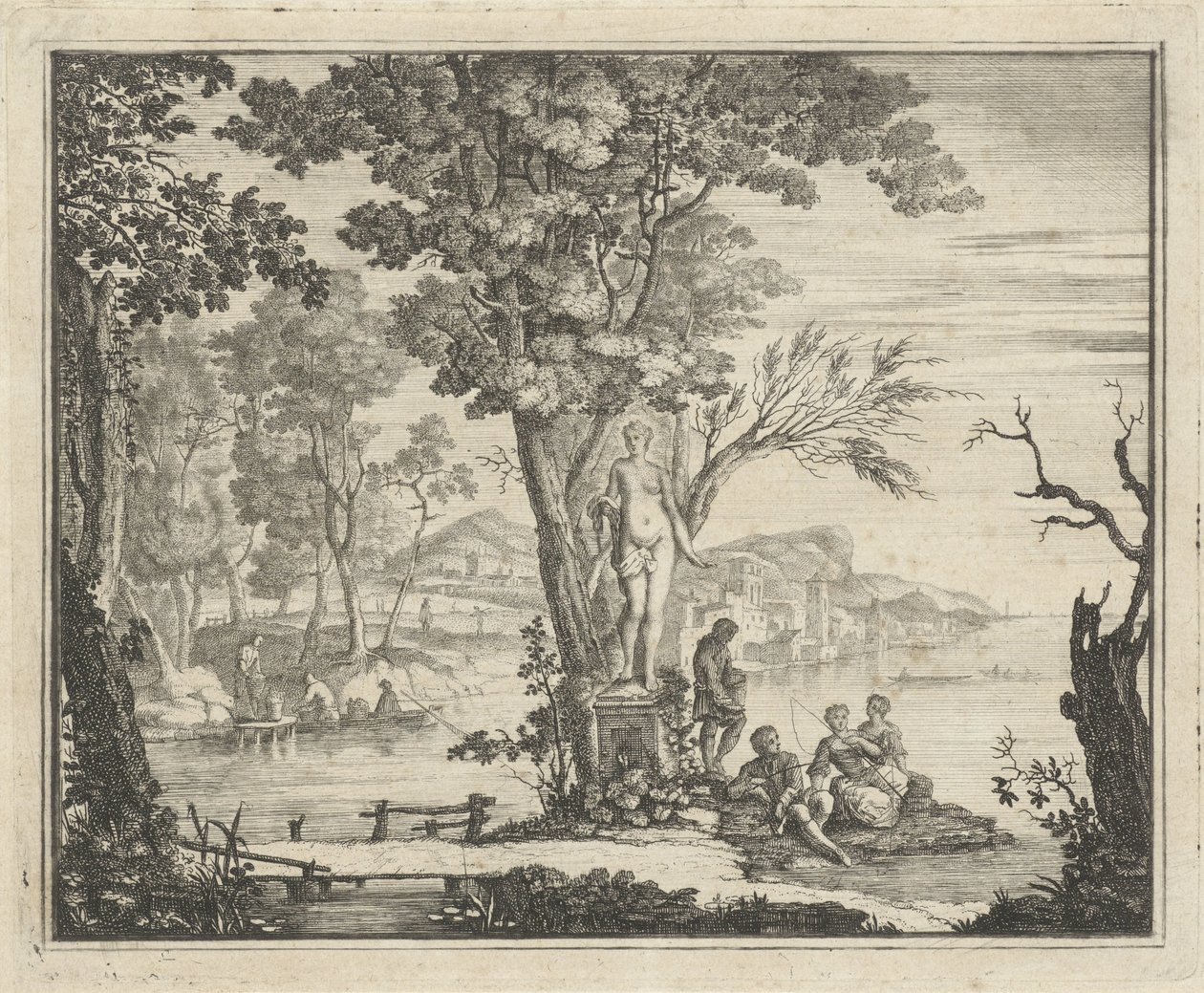 Paisaje fluvial con pescadores cerca de una estatua de Venus de Gerard Melder