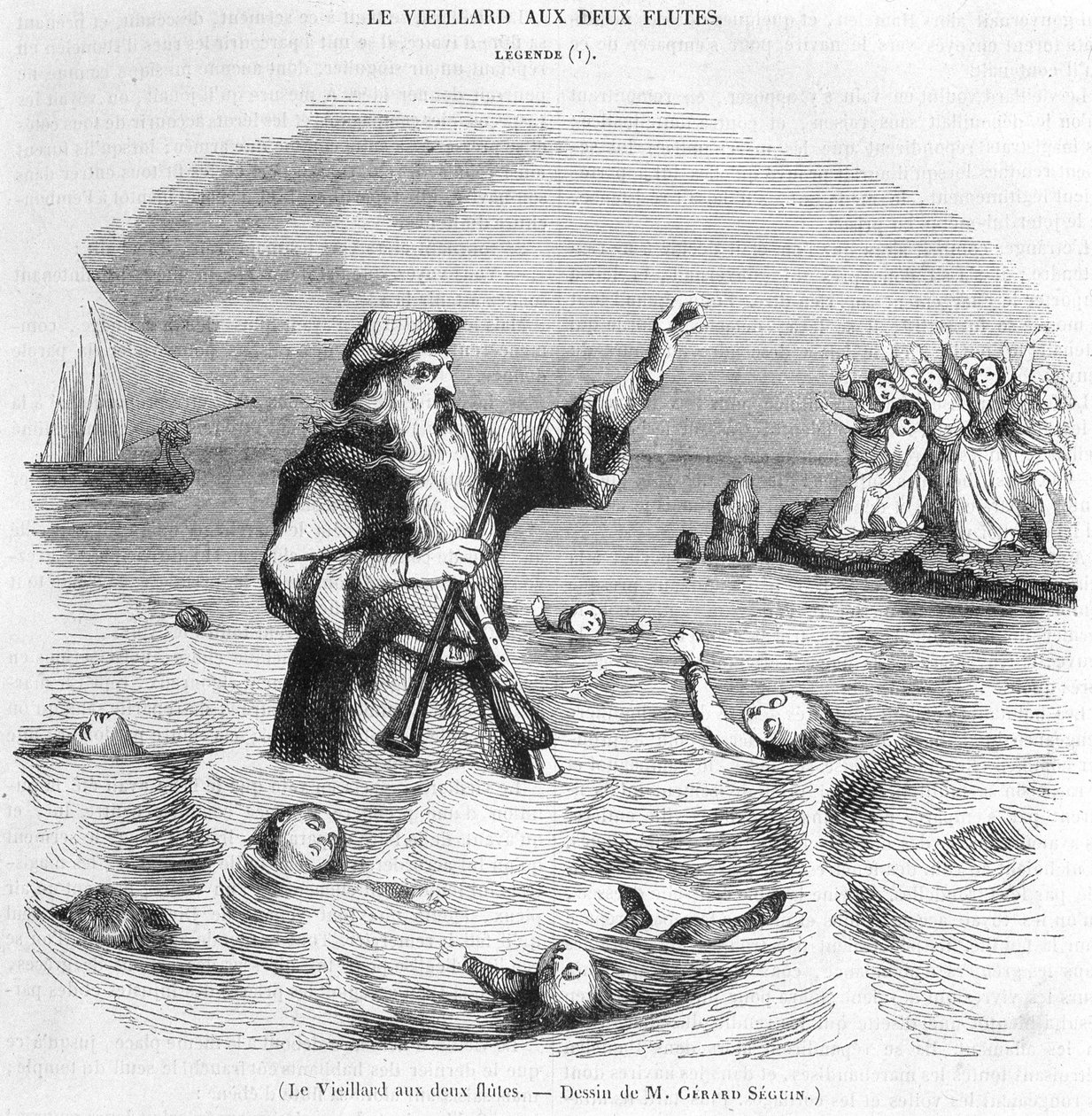 El anciano con dos flautas. Dibujo de Gérard Séguin. de Gerard Seguin