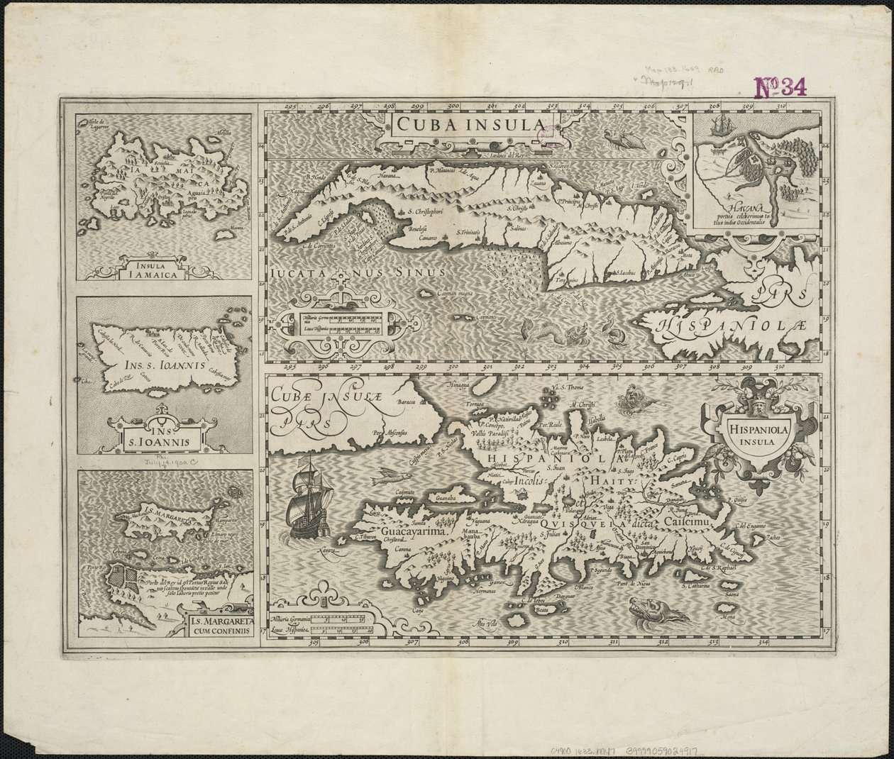 Cuba Insula ; Hispaniola Insula, grabado por Hendrik Hondius, 1633 de Gerard after Mercator