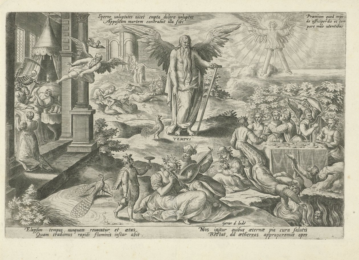 Padre Tiempo en medio de gente tranquila Sperne voluptates nocet empta dolore uoluptas (...) (título sobre objeto) Alegorías moralizantes del tiempo (título de la serie) de Gerard de Jode