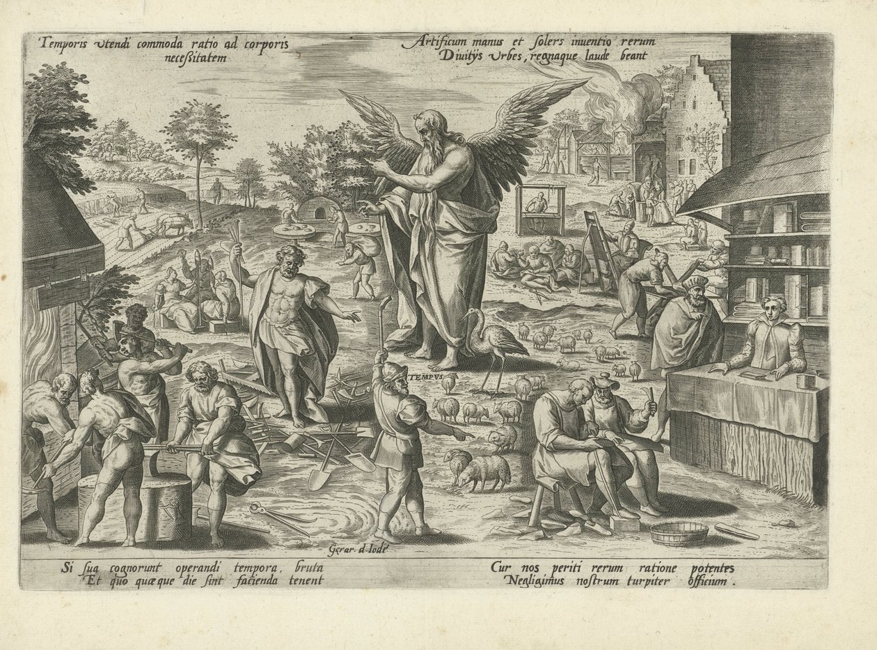 Padre Tiempo en medio de escenas de ocupaciones y actividades humanas Temporis utendi commoda ratio ad corporis neceßitatem (...) (título sobre el objeto) Alegorías moralizantes del tiempo (título de la serie) de Gerard de Jode