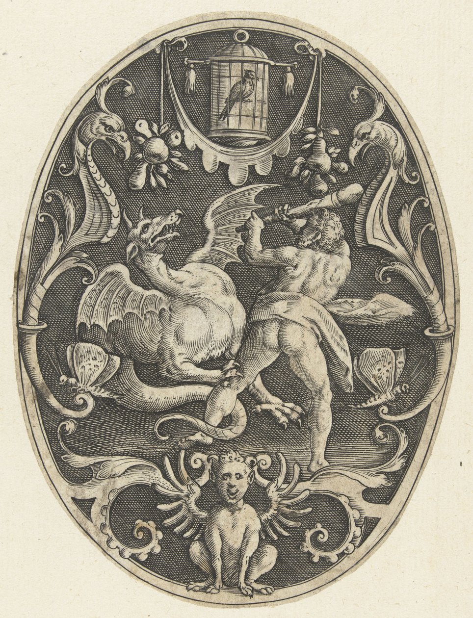 Decoración de superficie: Hércules mata al dragón Ladon Decoraciones de superficie ovalada con las hazañas de Hércules en grutescos (título de la serie) de Gerard de Jode