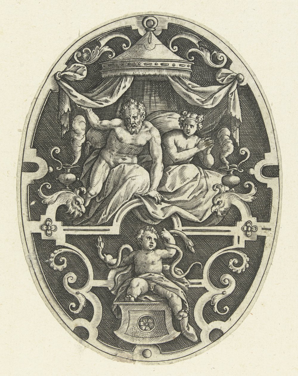 Decoración de superficie: Hércules estrangula a las dos serpientes en su cuna Decoraciones de superficie ovalada con las hazañas de Hércules en grutescos (título de la serie) de Gerard de Jode