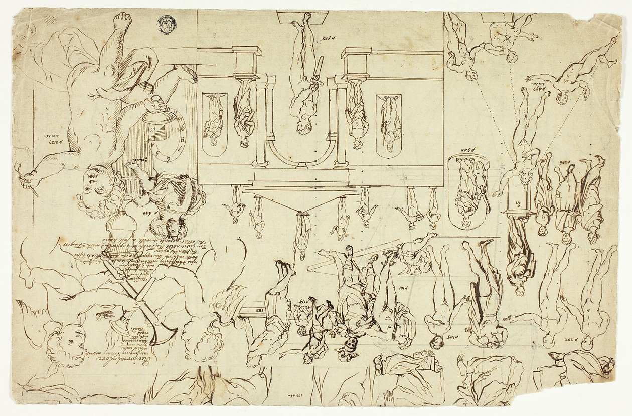 Copias según ilustraciones de estatuas y pinturas (anverso); Medidas para el esqueleto de un hombre (reverso) de Gerard de Lairesse