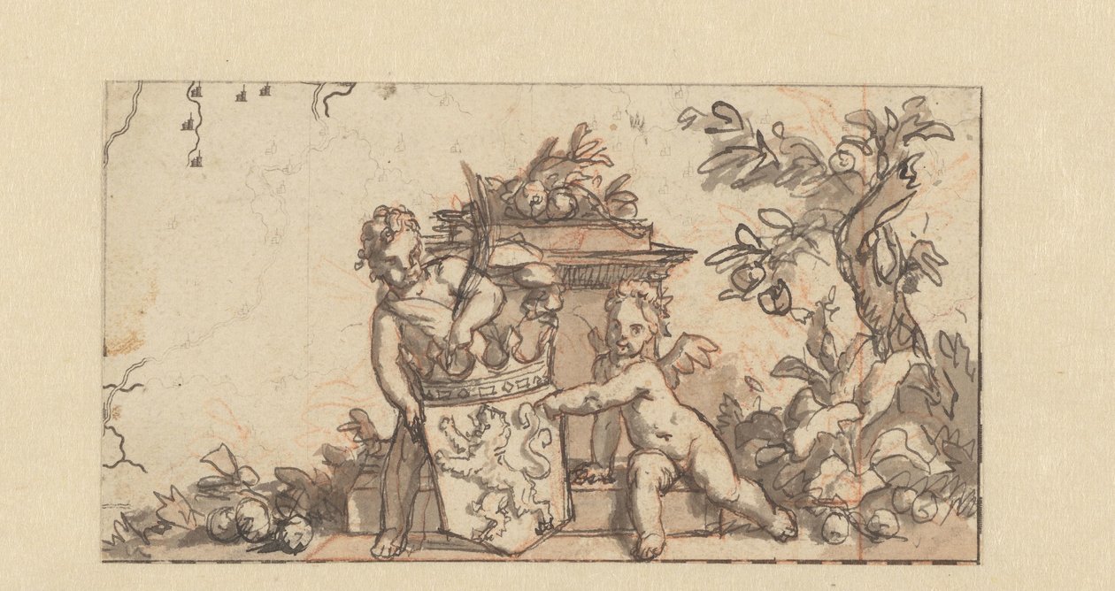 Diseño de una viñeta con dos putti con el escudo de Holanda de Gerard de Lairesse