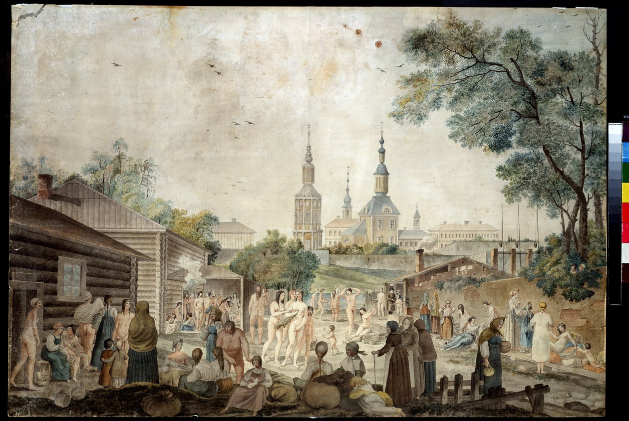 Una cura termal (Sauna) en Moscú (Un baño de cura en Moscú). Pintura de Gerard de la Barthe (activo entre 1787 y 1810). Acuarela sobre papel, 45,7 x 66,7 cm, hacia 1790. Arte francés del siglo XVIII. Museo de colecciones privadas en A. Pushkin Museo de Bel de Gerard de la Barthe