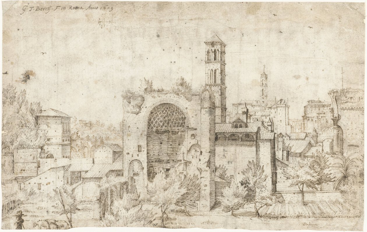 Vista del ábside del Templo de Venus y Roma y del convento de S. Maria Nova, Roma de Gerard ter Borch