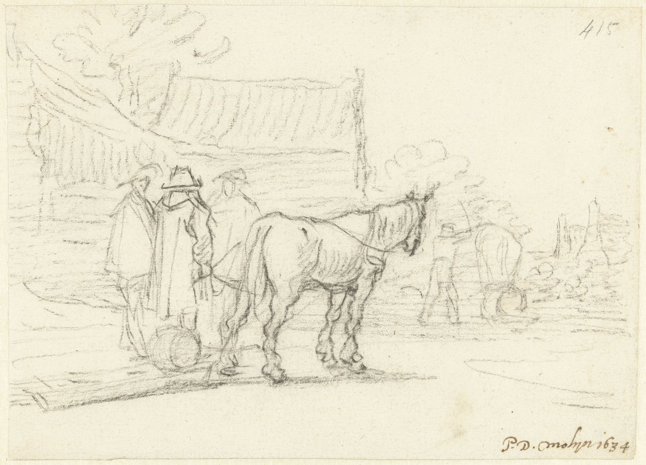 Tres hombres junto a un caballo y un trineo. de Gerard ter Borch (II)