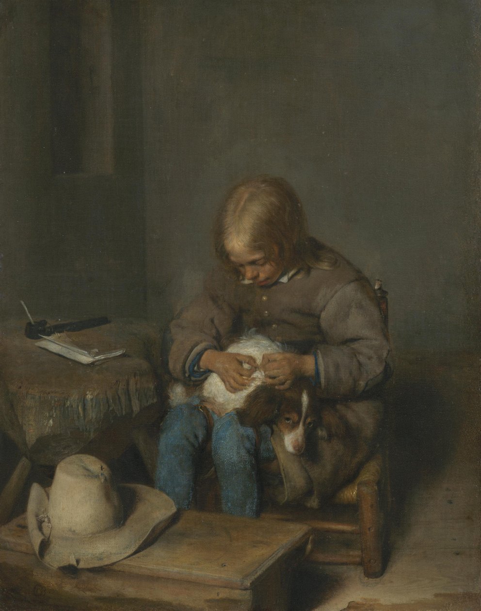 Un niño quitándole las pulgas a un perro de Gerard ter Borch
